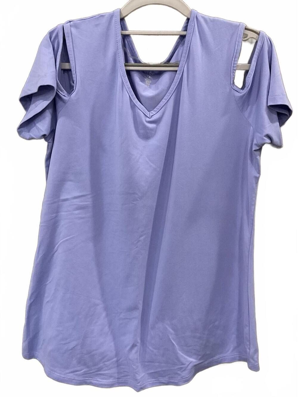 Just Be Womens Cold Shoulder Short Sleeve V Neck Purple Tee Size 1 X